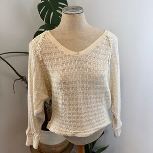 We The Free Sweater Women‎ Small Cream V-Neck Dolman Knit Boho Raw Seams